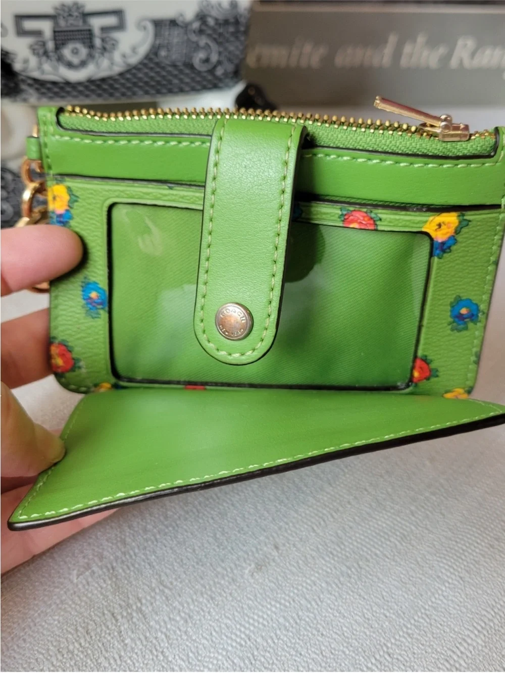 Coach Green Floral Card Holder with Gold Key Ring